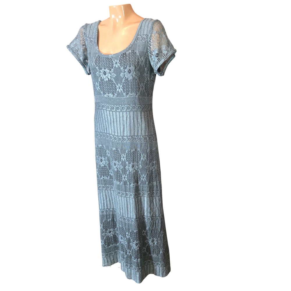 Superstition New York Aqua Sage Vintage Size 14 Crochet Lined Knit‎ Maxi Dress